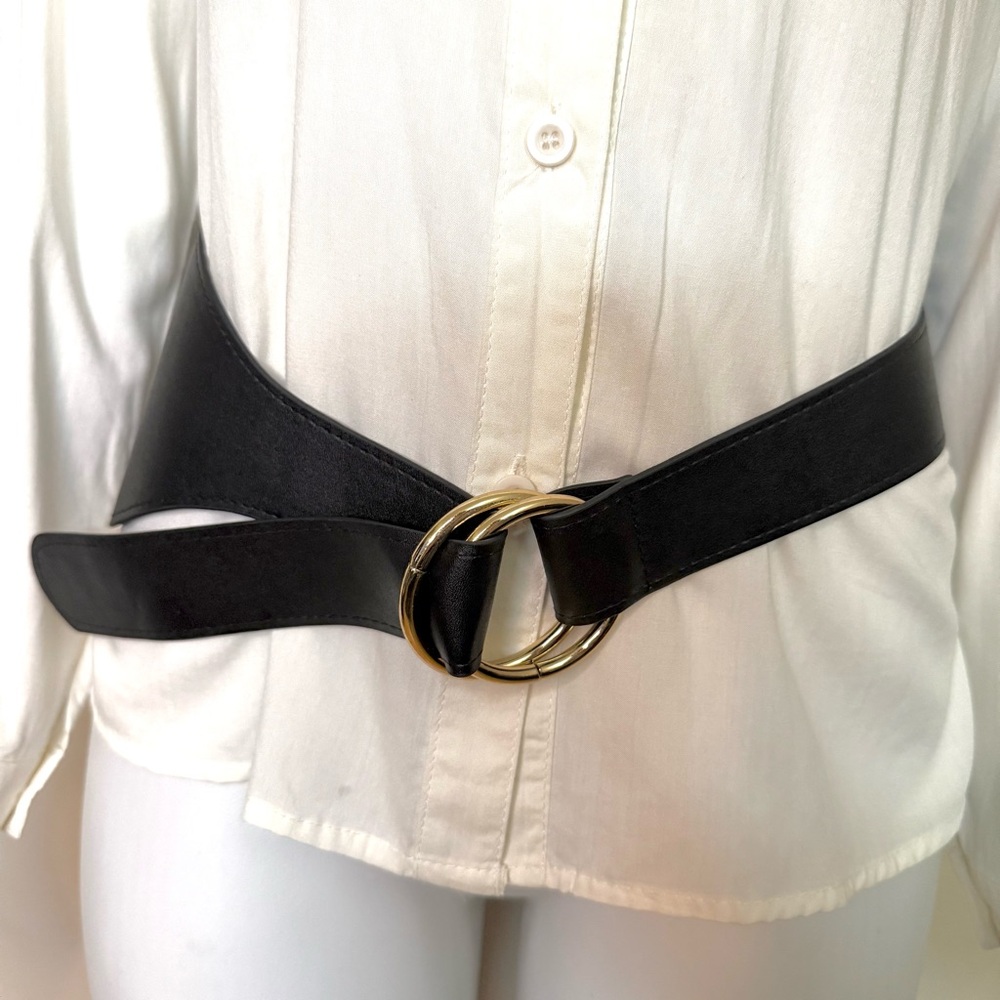 Black faux leather gold tone double ring wide belt